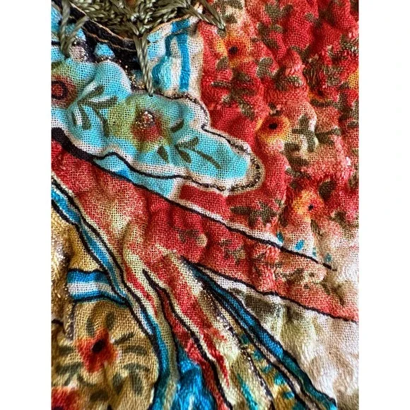 Vintage Ubu Paisley Floral Popcorn Maxi Dress Boho Scalloped Lace Trim Belted - Picture 13 of 14